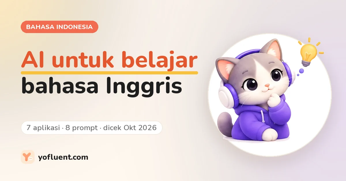 Kucing YoFluent sedang berpikir di samping judul: AI untuk belajar bahasa Inggris