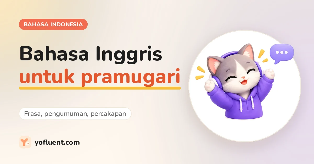 Kucing YoFluent mengobrol di samping judul: Bahasa Inggris untuk pramugari