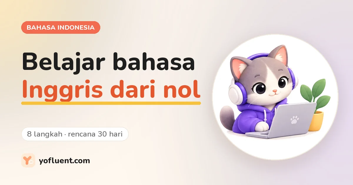 Kucing YoFluent sedang belajar di samping judul: Belajar bahasa Inggris dari nol