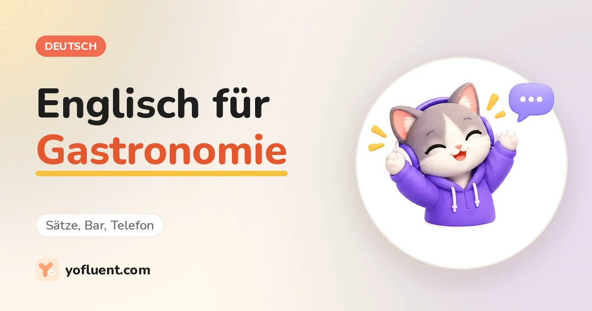 Die YoFluent-Katze plaudert neben dem Titel: Englisch für Gastronomie