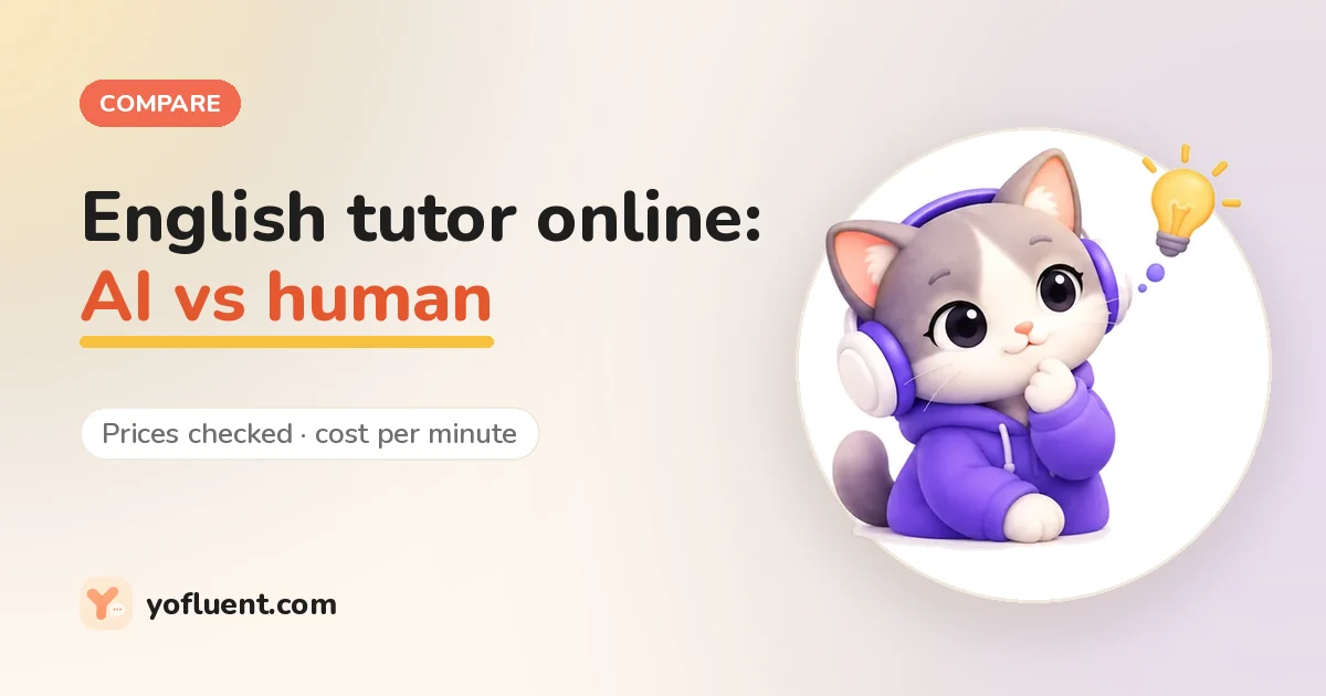 The YoFluent cat thinking next to the title: English tutor online, AI vs human