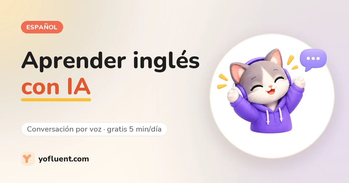 El gato de YoFluent conversando junto al título: Aprender inglés con IA