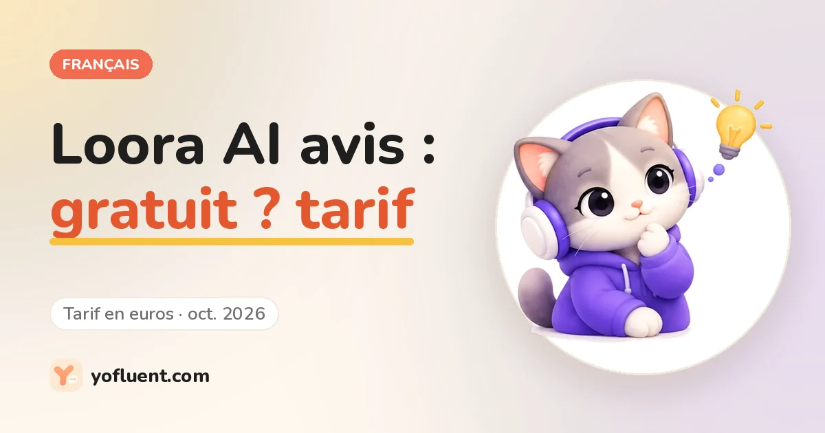 Le chat YoFluent réfléchit à côté du titre : Loora AI avis, gratuit ? tarif