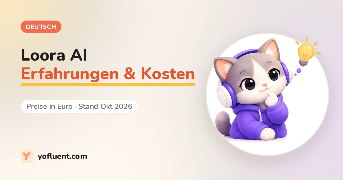Die YoFluent-Katze denkt neben dem Titel: Loora AI Erfahrungen und Kosten