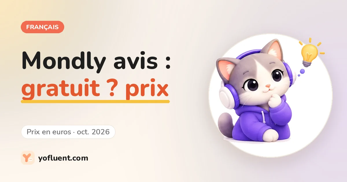Le chat YoFluent réfléchit à côté du titre : Mondly avis, gratuit ? prix