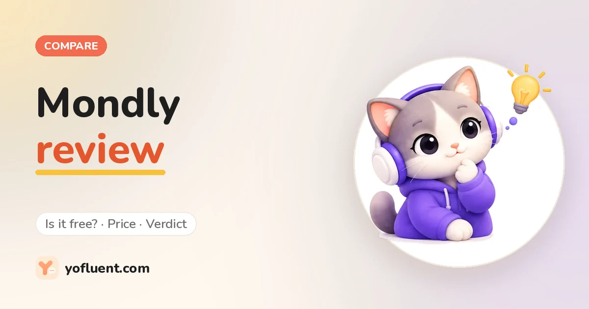 The YoFluent cat thinking next to the title: Mondly review