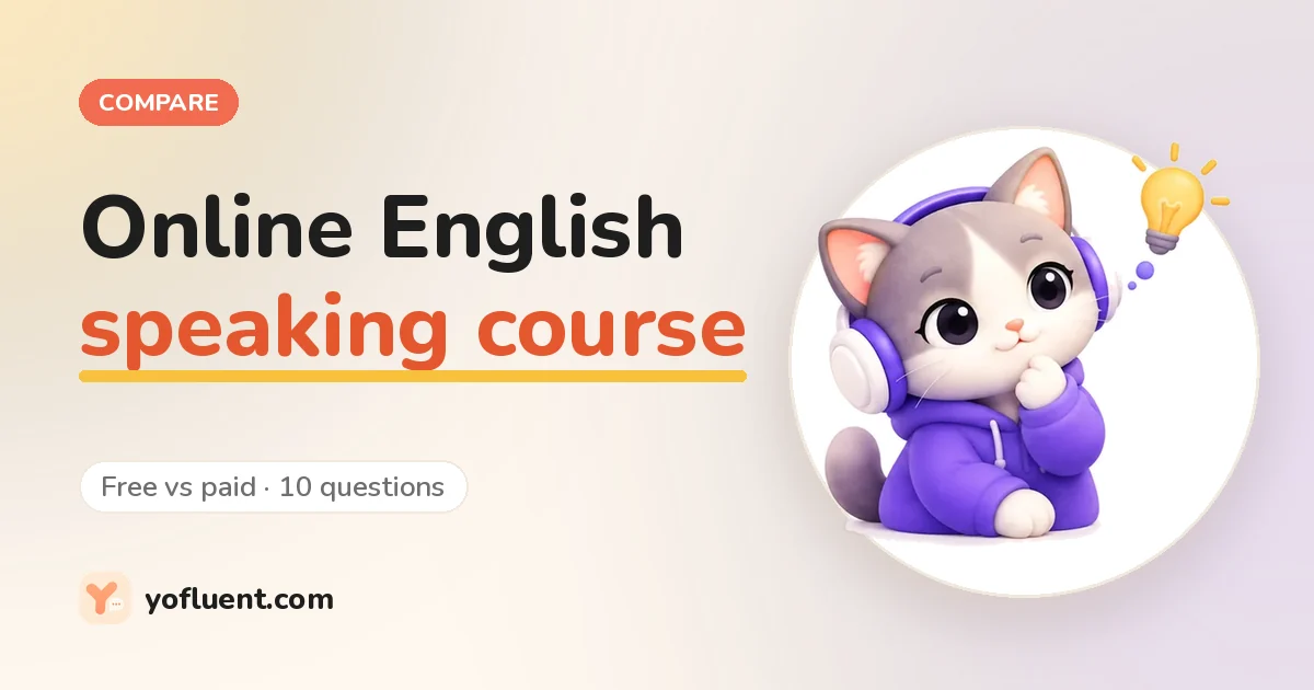 The YoFluent cat thinking next to the title: Online English speaking course