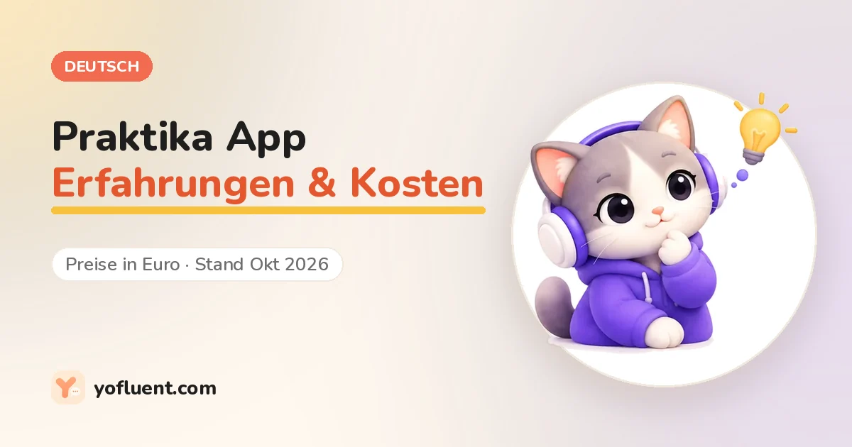 Die YoFluent-Katze denkt neben dem Titel: Praktika App Erfahrungen und Kosten