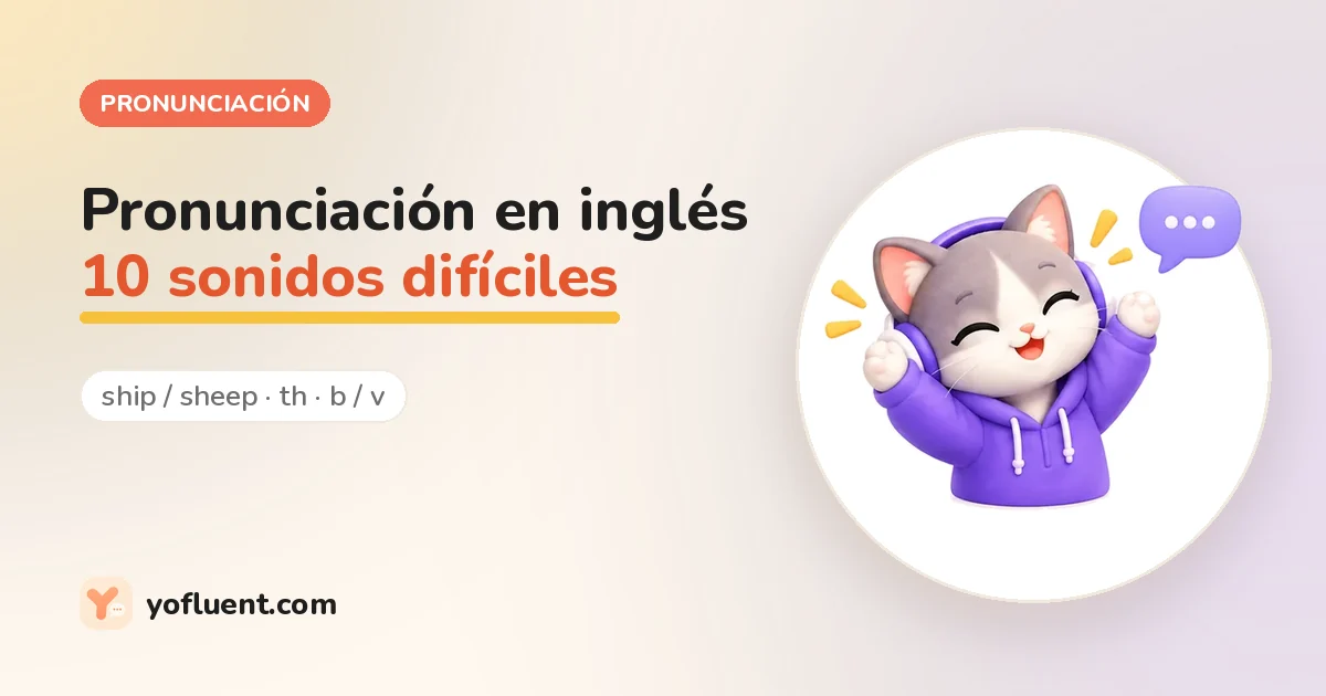 El gato de YoFluent hablando junto al título: Pronunciación en inglés
