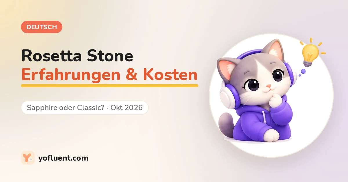 Die YoFluent-Katze denkt neben dem Titel: Rosetta Stone Erfahrungen und Kosten
