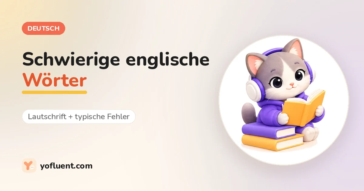 Die YoFluent-Katze liest neben dem Titel: Schwierige englische Wörter