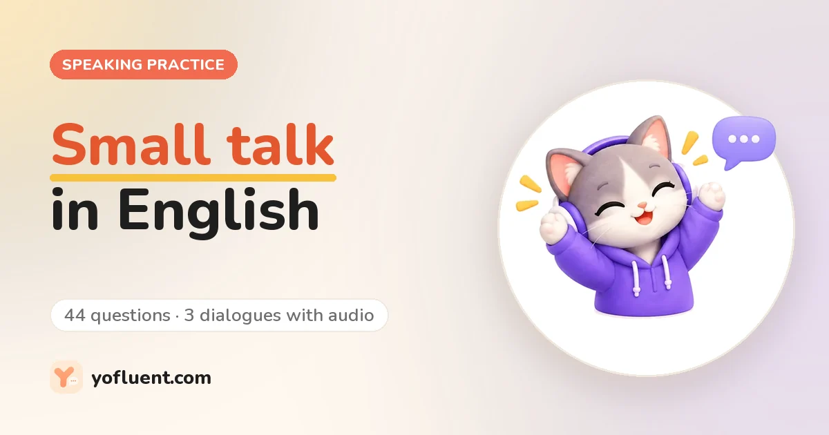 The YoFluent cat chatting next to the title: Small talk in English