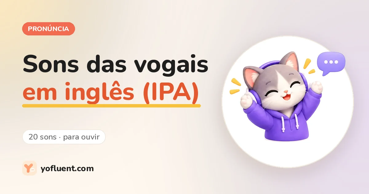 Gato do YoFluent falando ao lado do título: Sons das vogais em inglês