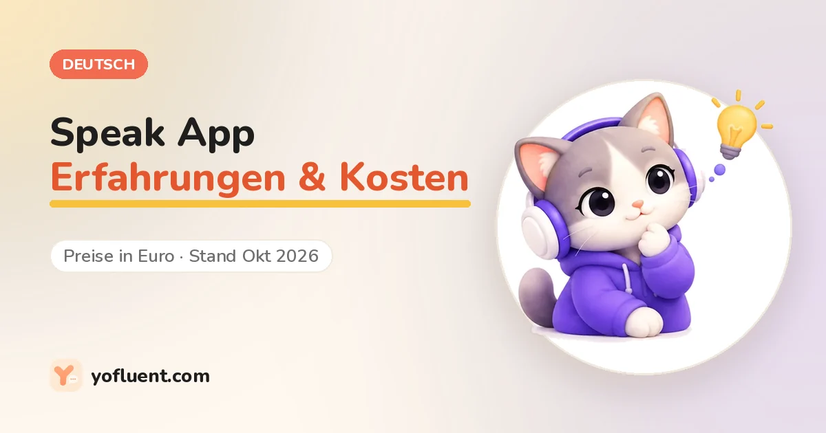 Die YoFluent-Katze denkt neben dem Titel: Speak App Erfahrungen und Kosten