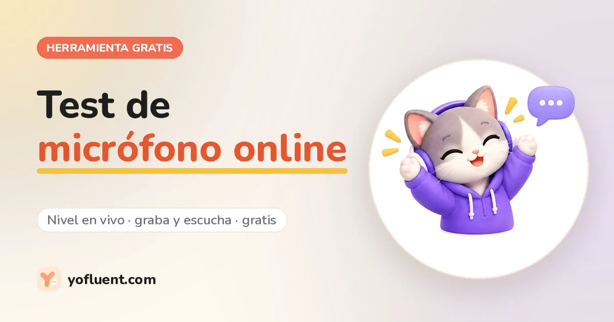 El gato de YoFluent junto al título: Test de micrófono online