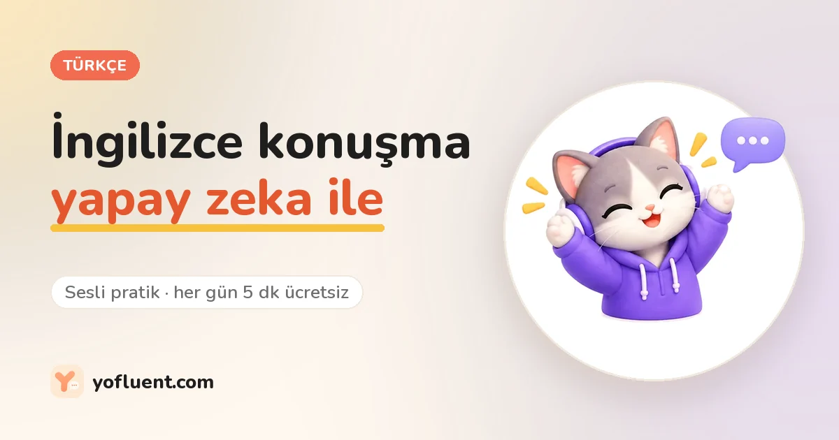 YoFluent kedisi başlığın yanında: Yapay zeka ile İngilizce konuşma