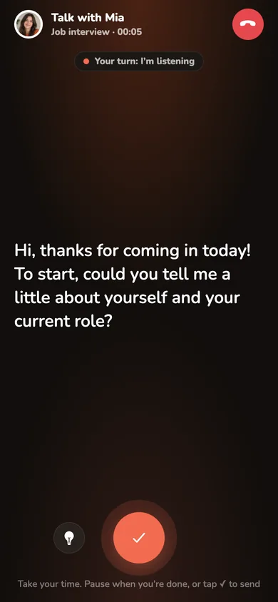 A live job-interview call: tutor Mia asks a question, and the microphone is listening