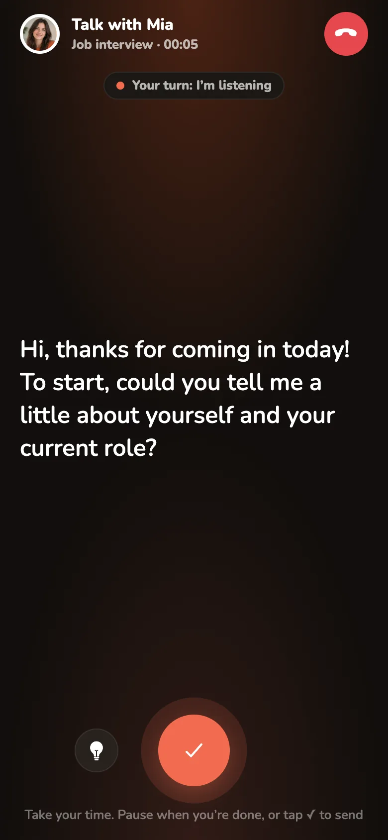 A live job-interview call: tutor Mia asks a question, and the microphone is listening