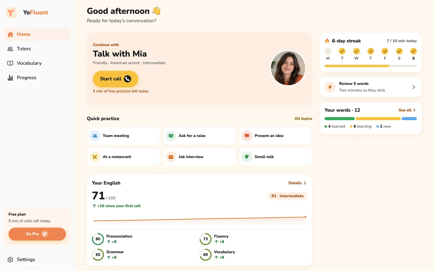 YoFluent in a desktop browser: home screen with the next call, quick practice topics, streak, words and skill scores